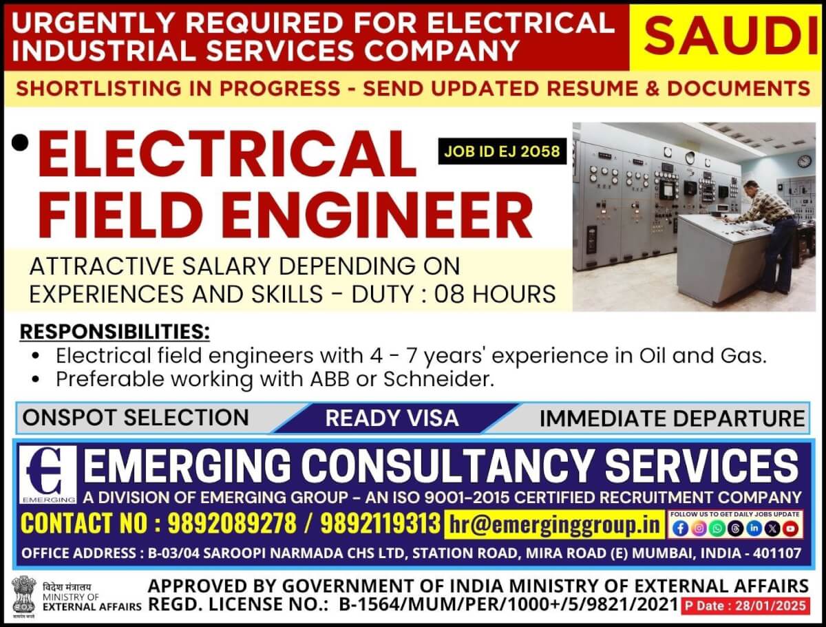 Urgently Required for Electrical Industrial Services Company in Saudi Arabia - Shortlisting in Progress