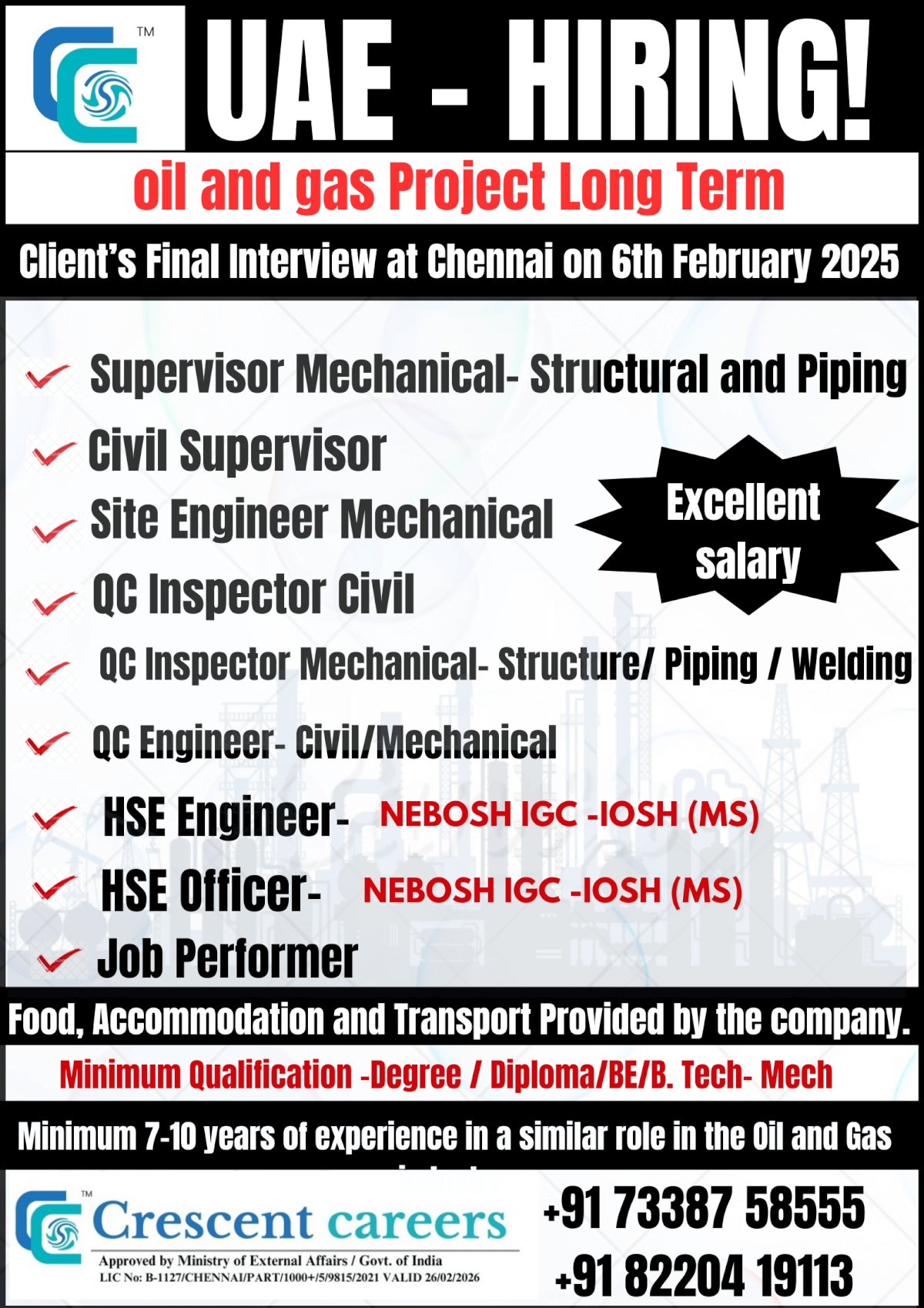 OIL & GAS LONG TERM PROJECT UAE DIRECT CLIENT INTERVIEW IN CHENNAI @ 06/ 02/ 2025