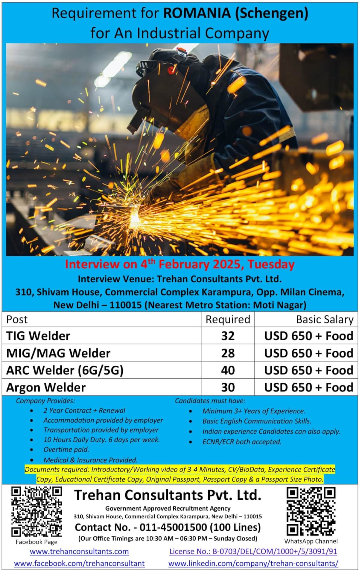 TIG Welders, MIG/MAG Welders, Arc Welders (6G/5G) and Argon Welder required for ROMANIA (Schengen) for An Industrial Company - Interview Date 4 February 2025