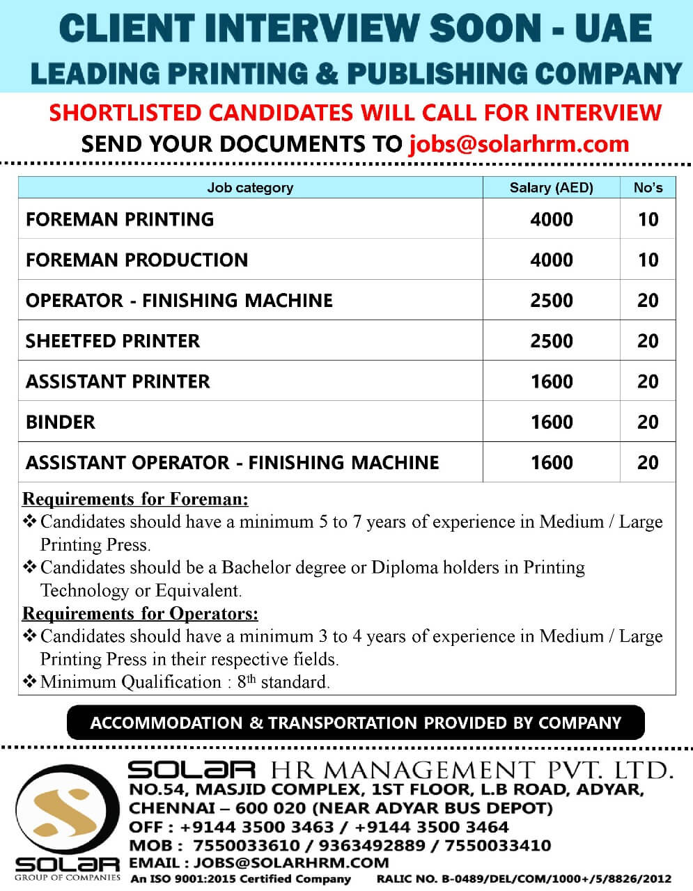 HIRING FOR PRINTING & PUBLISHING COMPANY - UAE