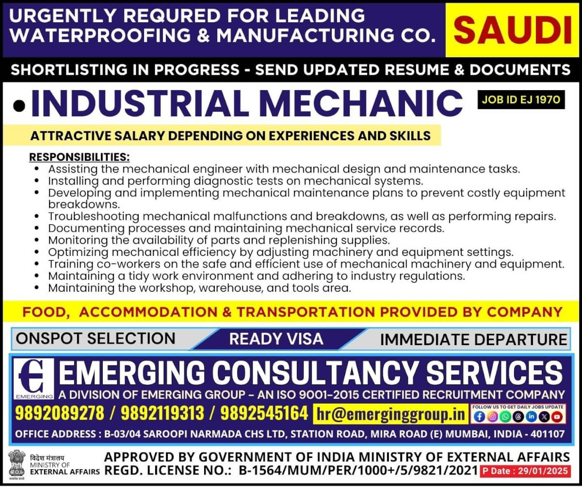 Urgently Required for Leading Waterproofing & Manufacturing Company in Saudi Arabia - Shortlisting in Progress