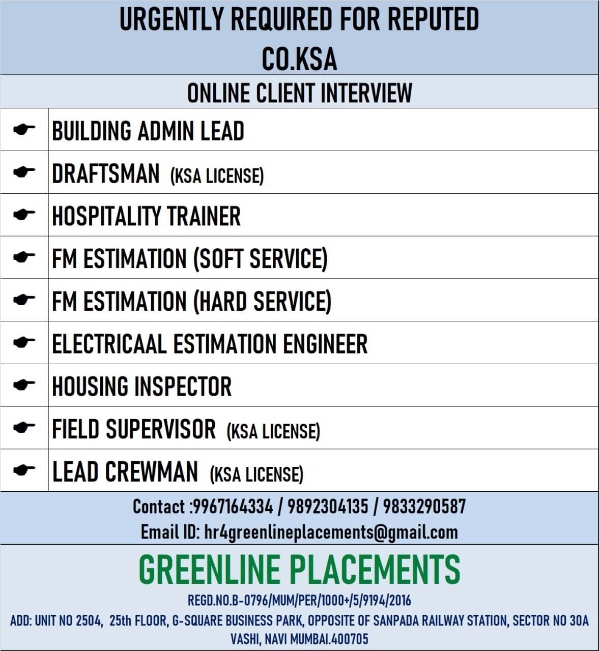 URGENTLY REQUIRED FOR REPUTED COMPANY KSA