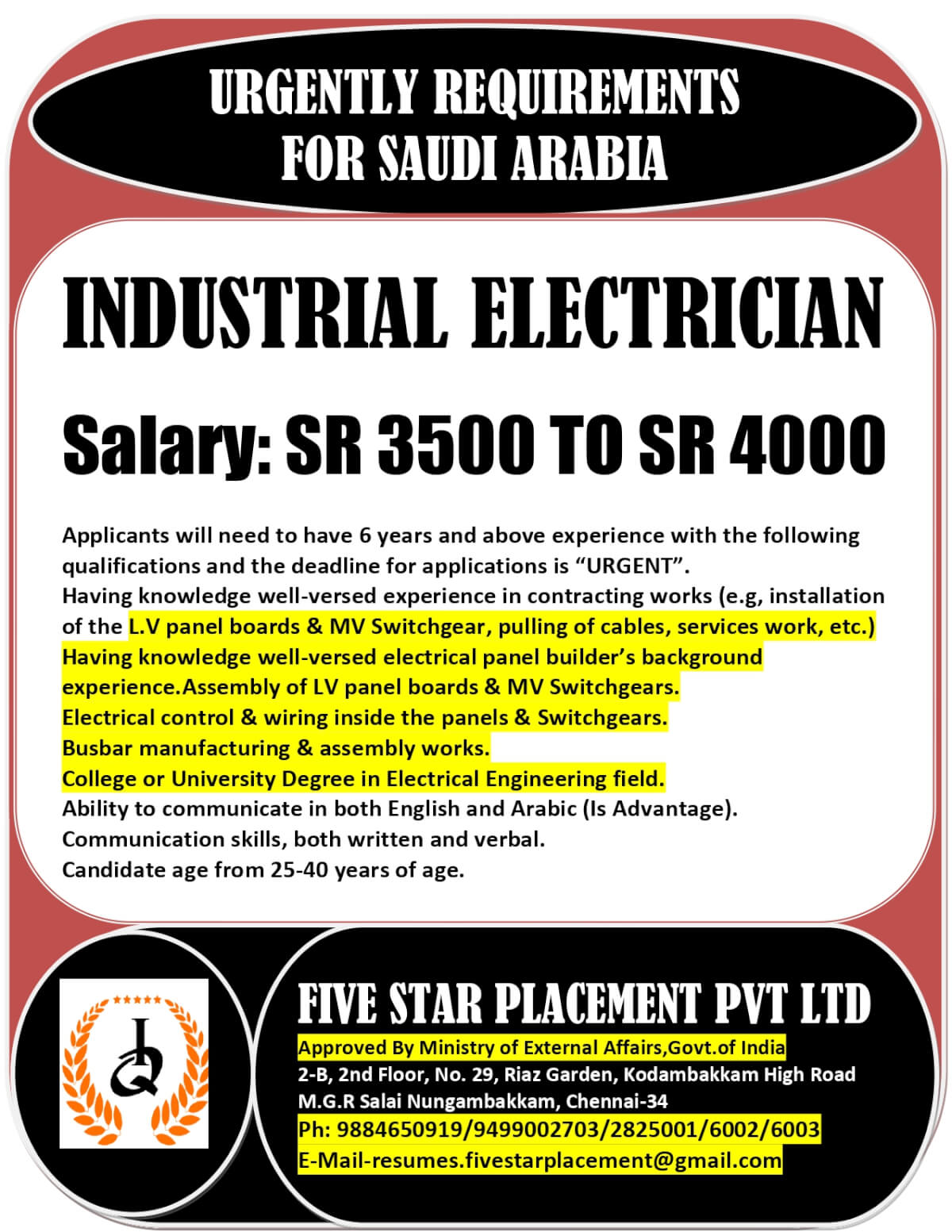 URGENT REQUIREMENT FOR SAUDI ARABIA