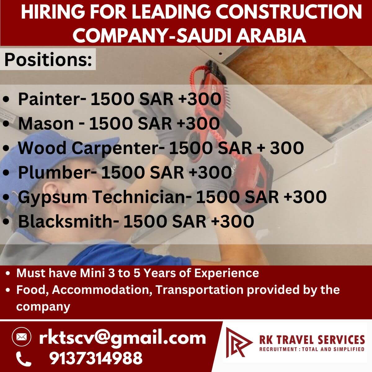 HIRING FOR LEADING CONSTRUCTION COMPANY-SAUDI ARABIA