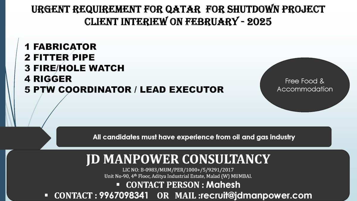 URGENT REQUIREMENT FOR QATAR  FOR SHUTDOWN PROJECTCLIENT INTERIEW ON FEBRUARY - 2025