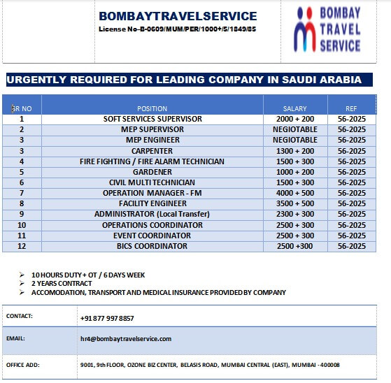 URGENTLY REQUIRED FOR A LEADING FACILITY MANAGEMENT COMPANY IN SAUDI ARABIA