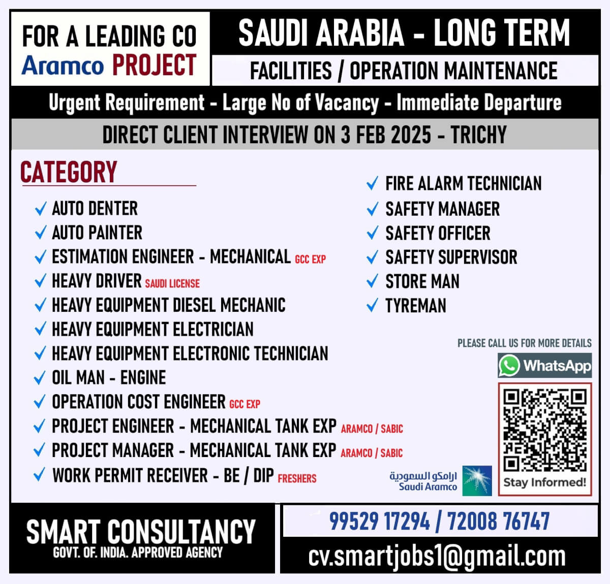 WANTED FOR A LEADING MAINTENANCE COMPANY -SAUDI / DIRECT CLIENT INTERVIEW ON 3 FEB - TRICHY