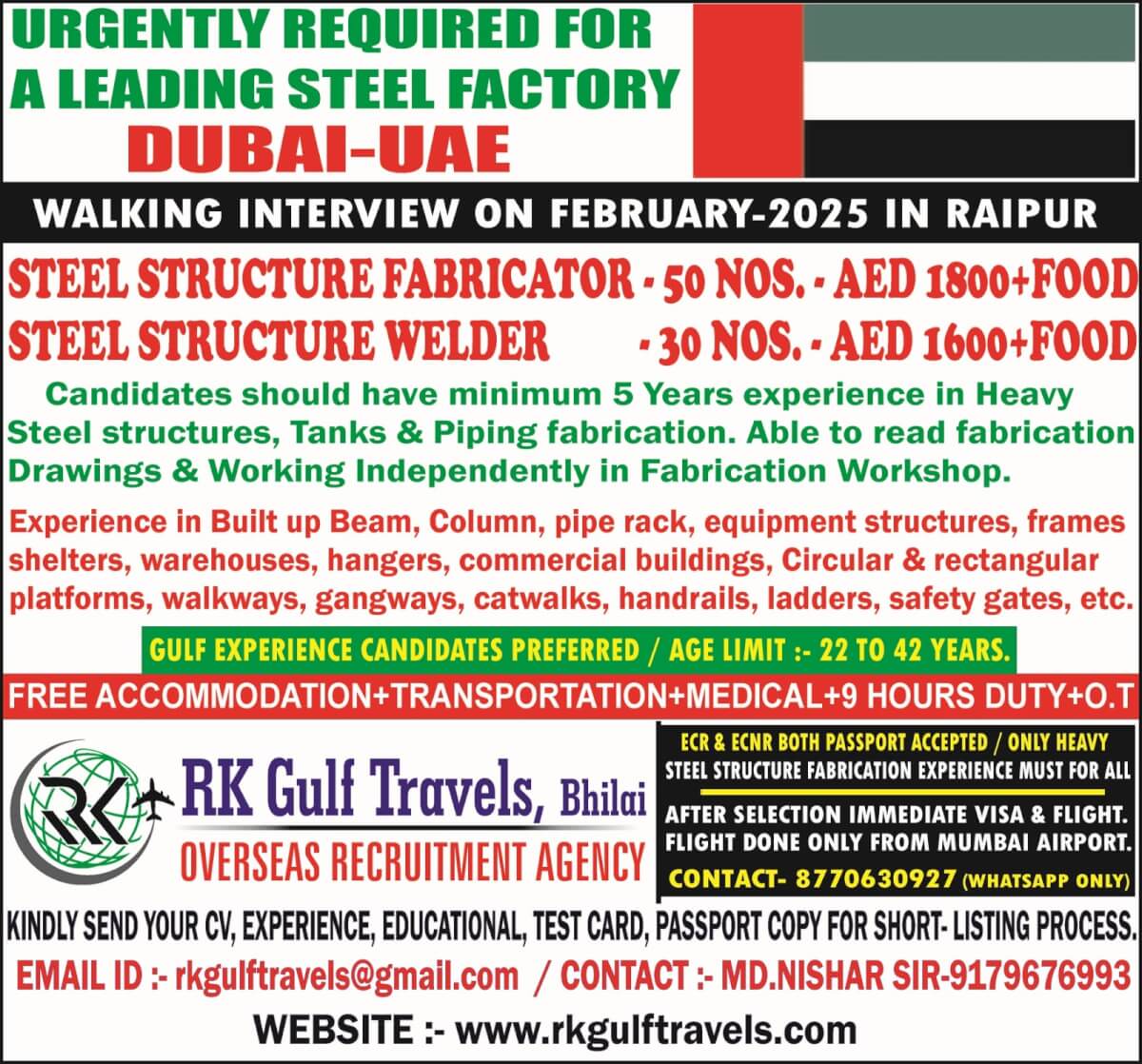 URGENTLY REQUIRED FOR A LEADING STEEL FABRICATION COMPANY – UAE.