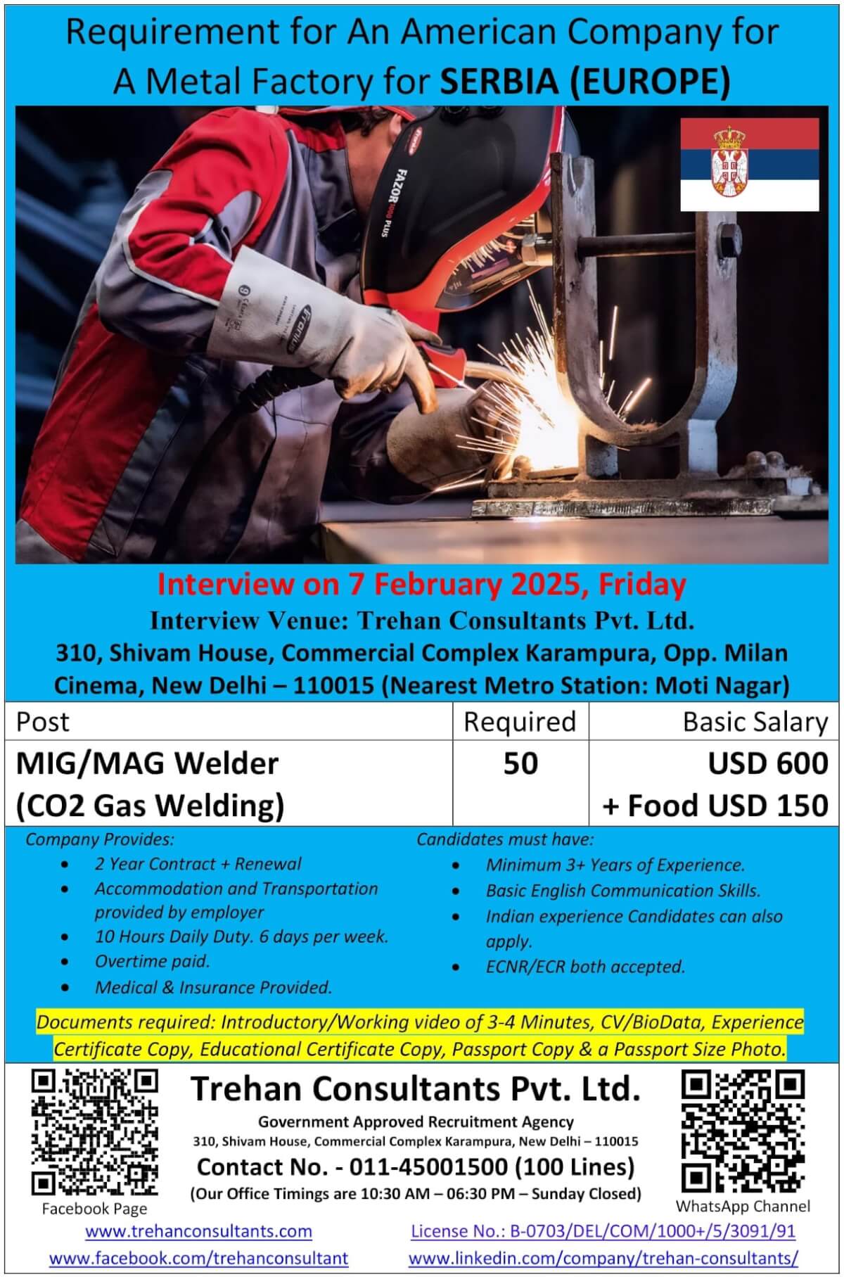 MIG/MAG Welder (CO2 Gas Welding) required for An American Company in SERBIA (EUROPE) for A Metal Factory - Interview Date 7 February 2025