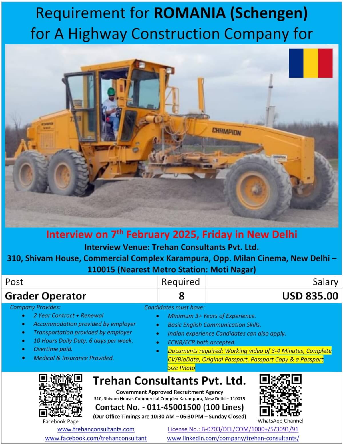 Grader Operators required for ROMANIA (Schengen) for A Highway Construction Company - Interview Date 7 February 2025