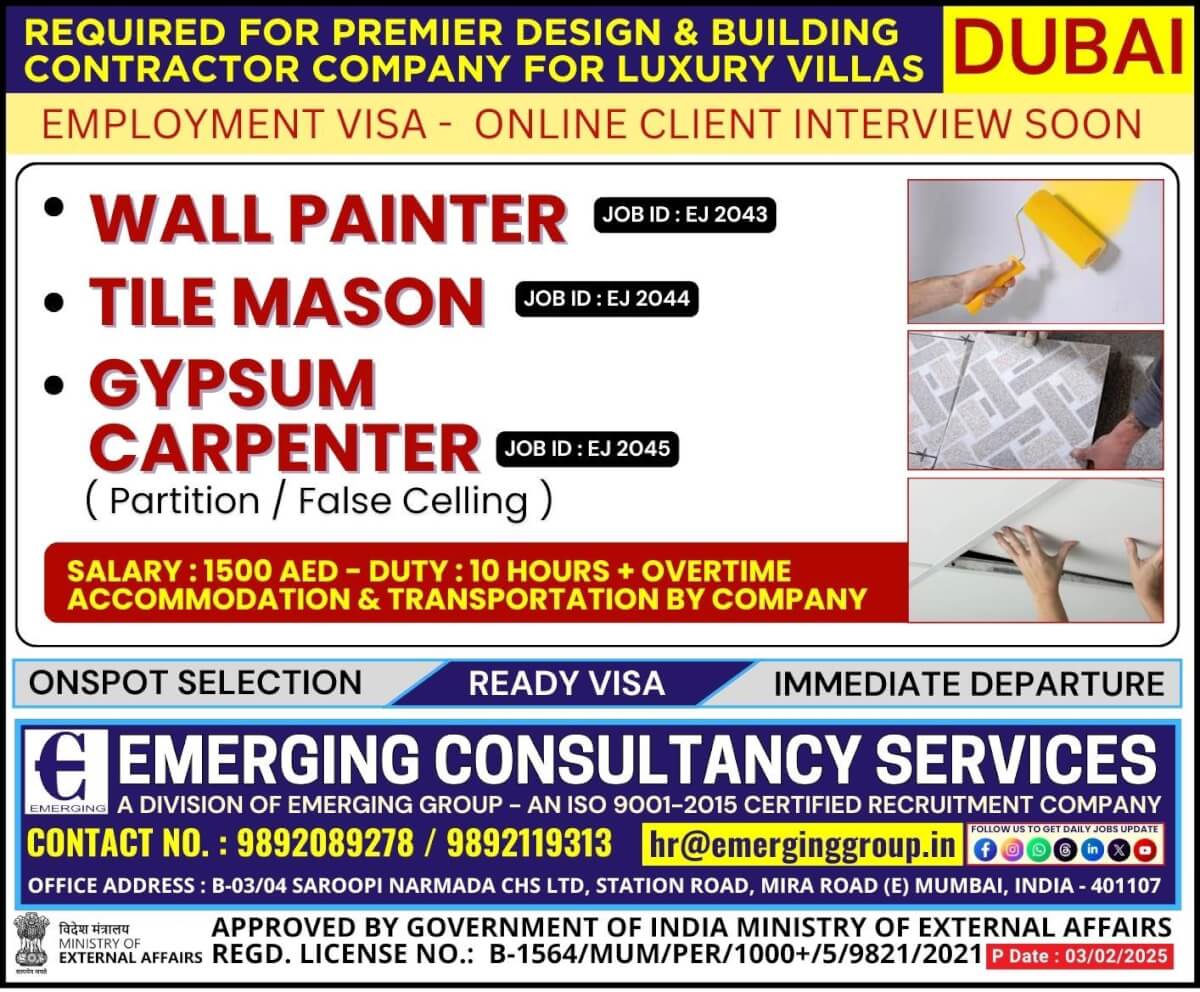 Urgently Required For Premier Design & Building Contractor Company For Luxury Villas In Dubai - Employment Visa