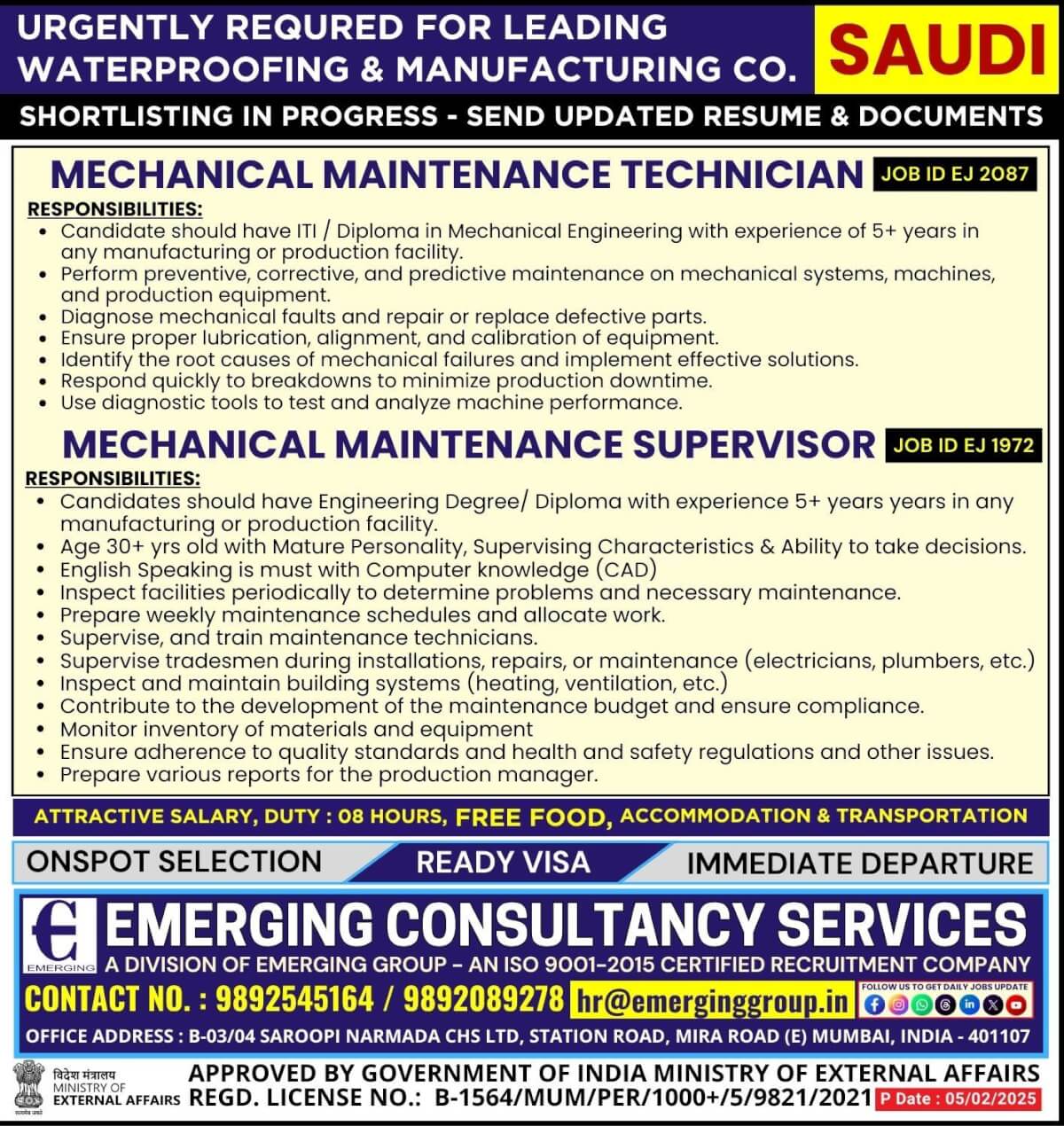 Urgently Required for Leading Waterproofing & Manufacturing Company in Saudi Arabia - Shortlisting in Progress