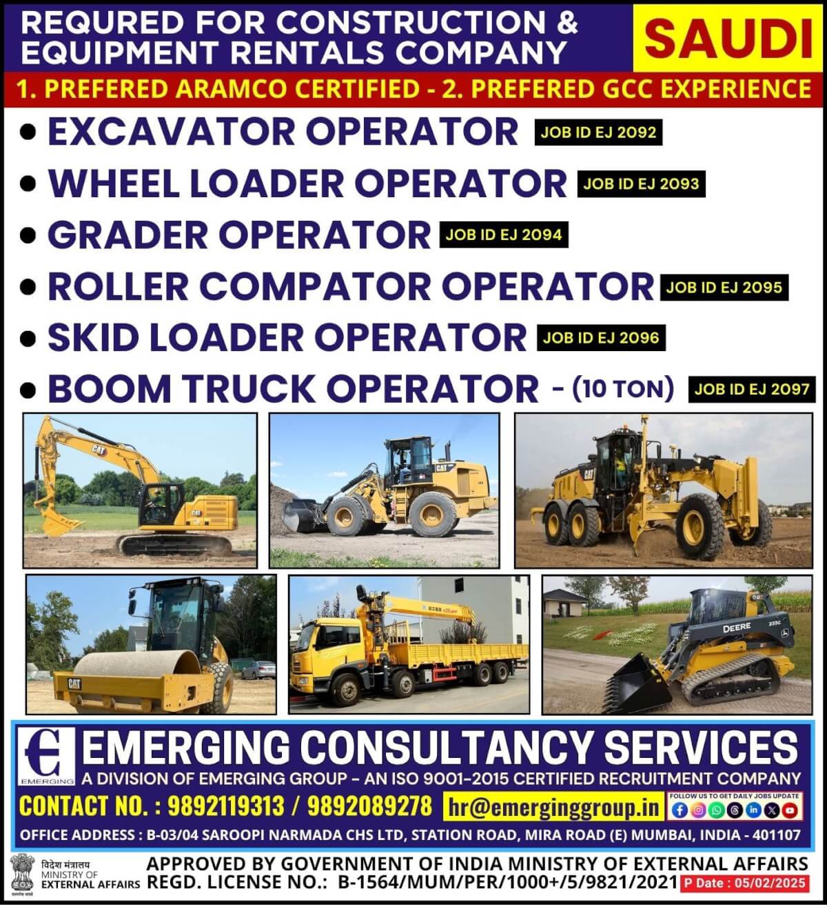 Urgently Required For Construction & Equipment Rental Company in Saudi Arabia - Preferred ARAMCO Certified