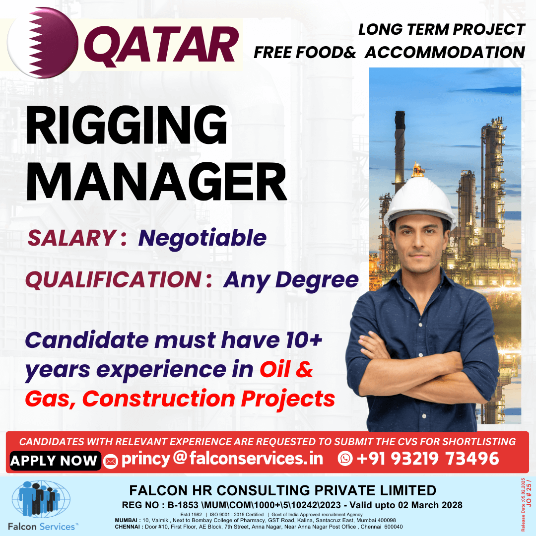 Qatar - Required Rigging Manager personnel with relevant experience in Oil & Gas Construction