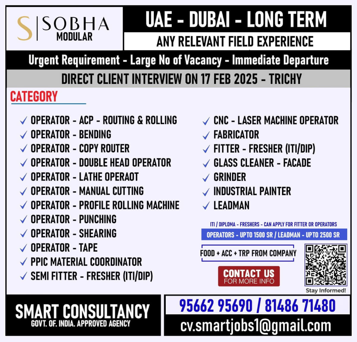 WANTED FOR A LEADING COMPANY - DUBAI / DIRECT CLIENT INTERVIEW ON 17 FEB - TRICHY