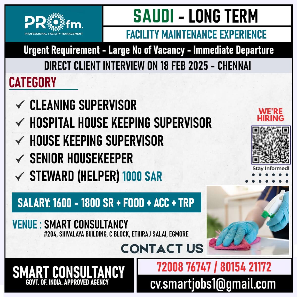 WANTED FOR A LEADING MAINTENANCE COMPANY - SAUDI / DIRECT CLIENT INTERVIEW ON 18 FEB - CHENNAI