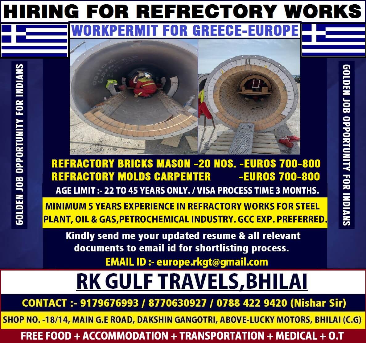 URGENTLY REQUIRED FOR REFRACTORY WORKS IN GREECE (EUROPE).