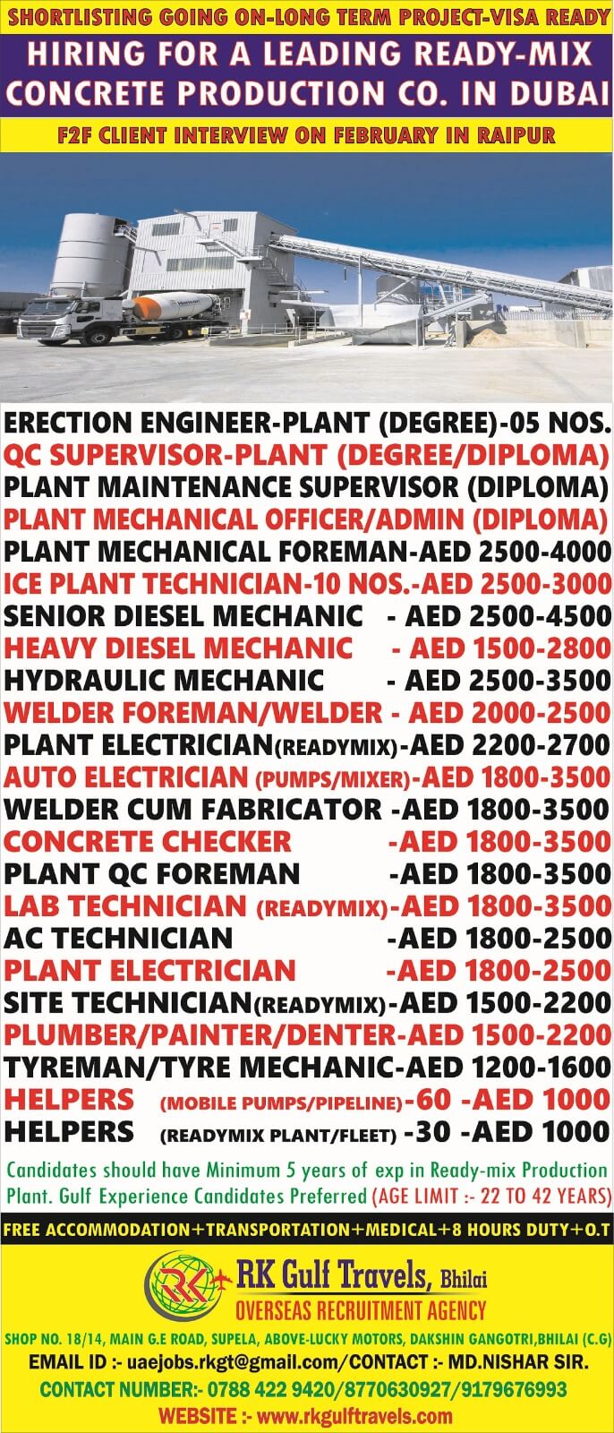 URGENTLY REQUIRED FOR A LEADING READYMIX COMPANY-UAE.