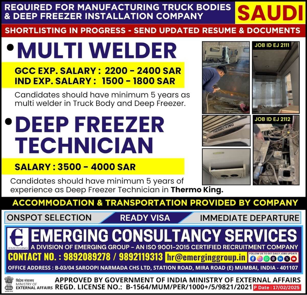 Urgently Required for Manufacturing Truck Bodies & Deep Freezer Installation Company in Saudi Arabia  - Shortlisting in Progress