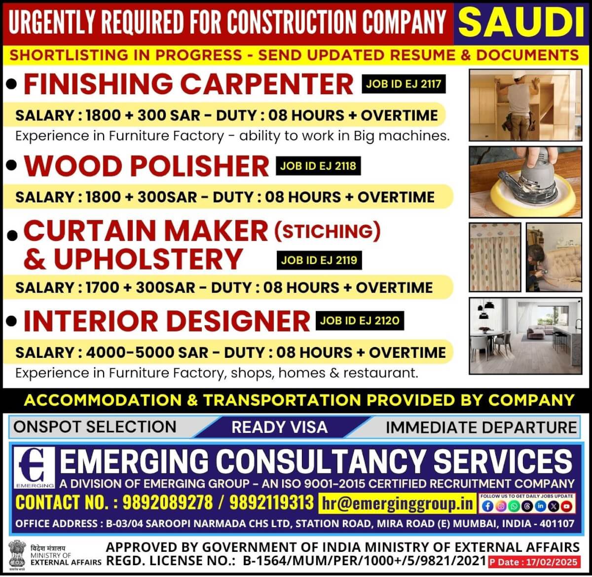 Urgently Required for Construction Company in Saudi Arabia  - Shortlisting in Progress