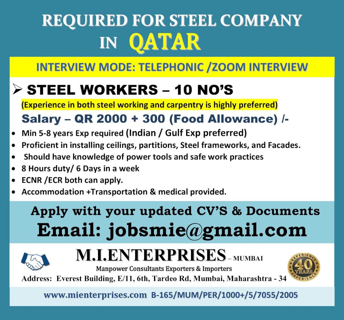 REQUIRED FOR STEEL COMPANY  IN  QATAR