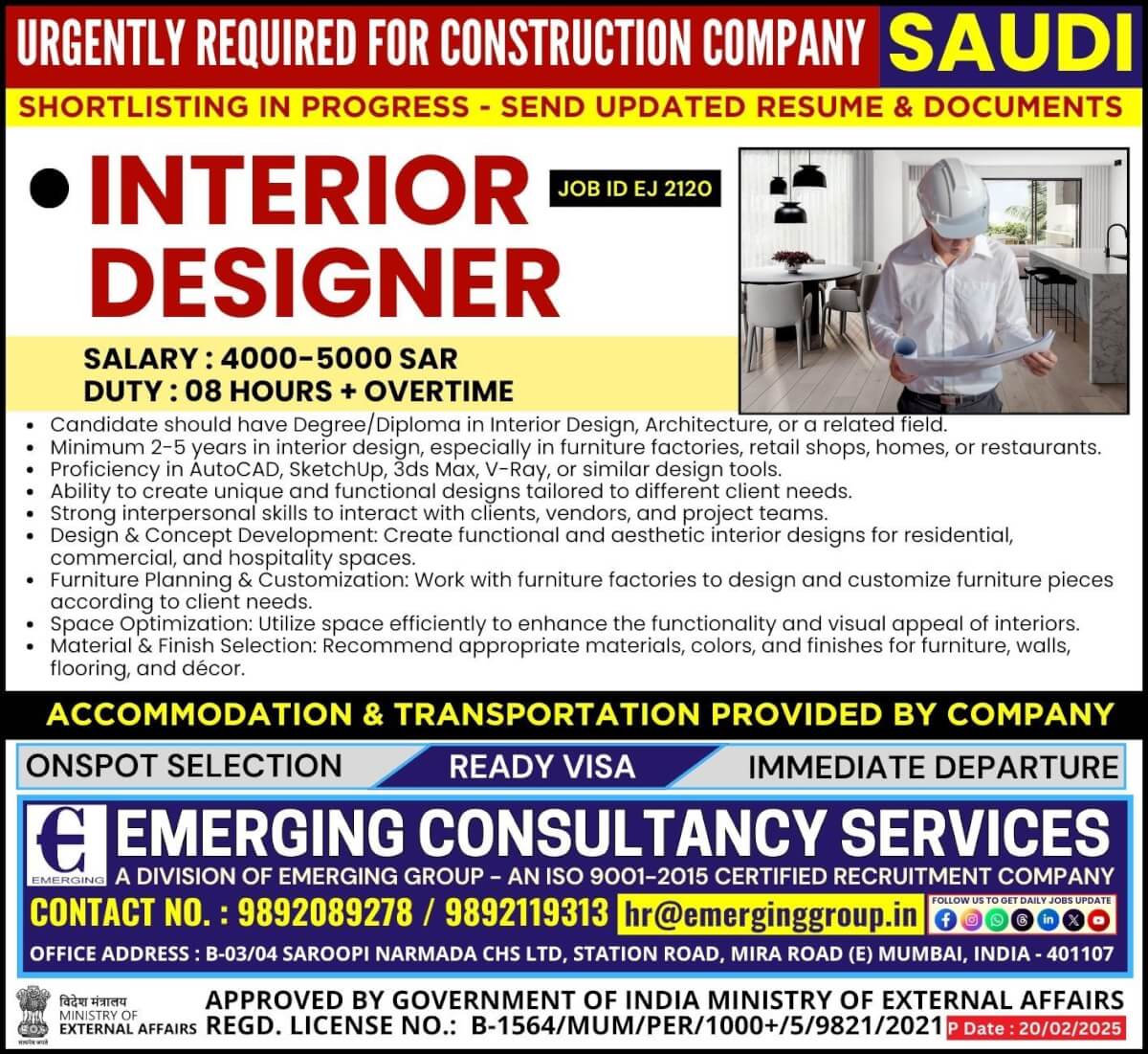 Urgently Required for Construction Company in Saudi Arabia  - Shortlisting in Progress