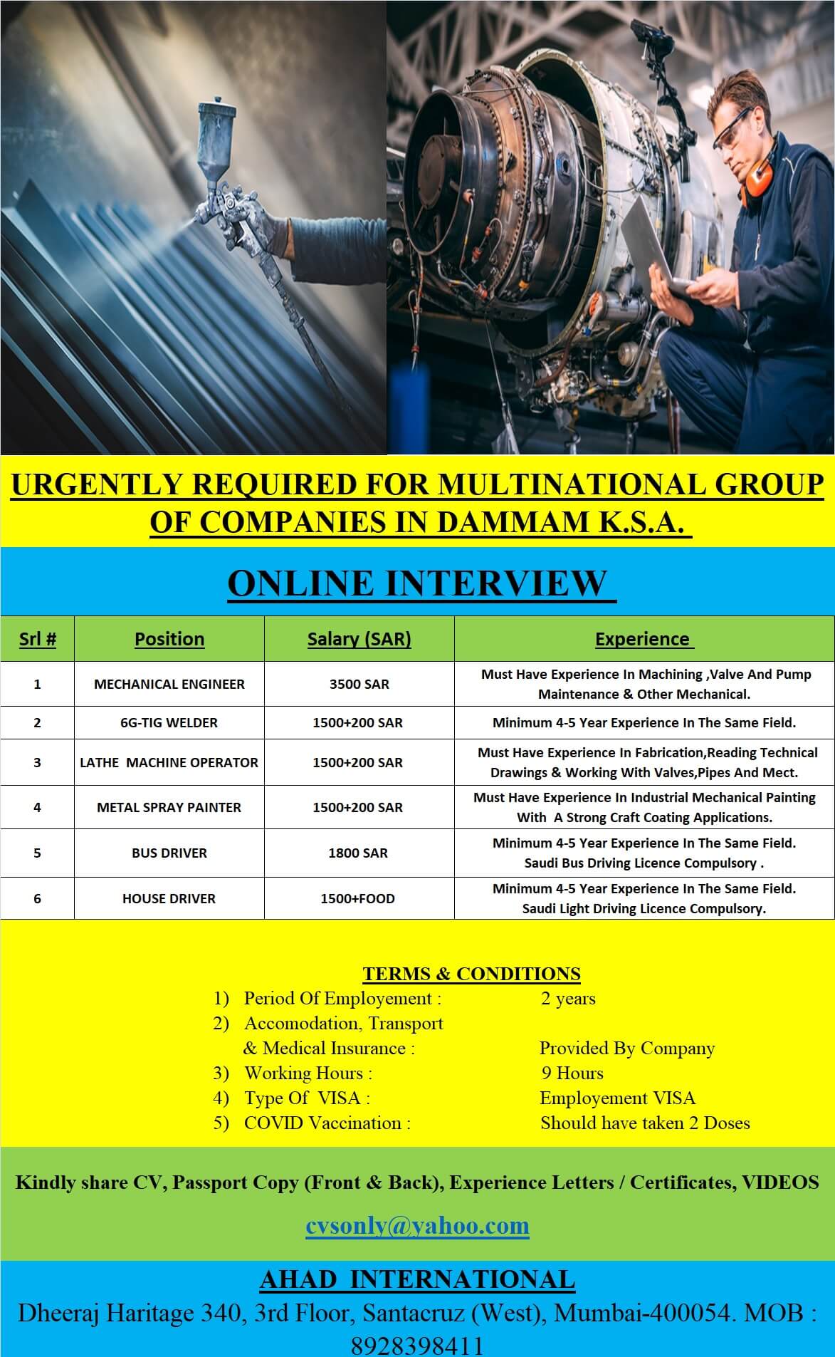 URGENTLY REQUIRED FOR MULTINATIONAL GROUP OF COMPANIES IN DAMMAM K.S.A.