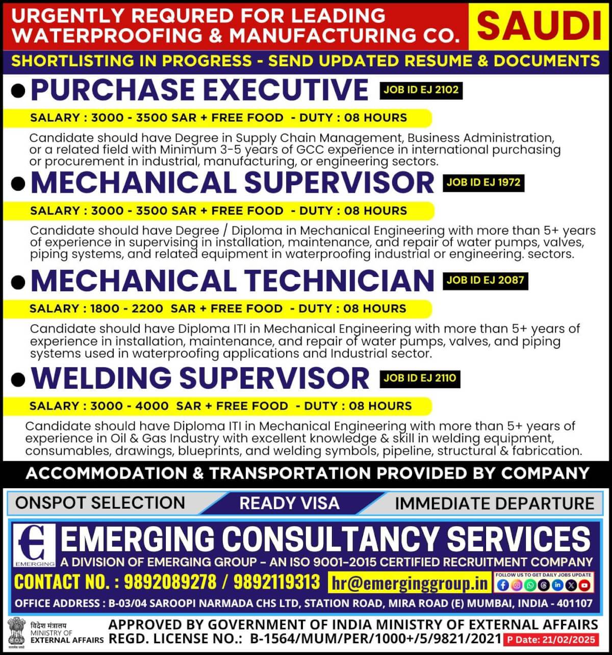 Urgently Required for Leading Waterproofing & Manufacturing Company in Saudi Arabia - Shortlisting in Progress