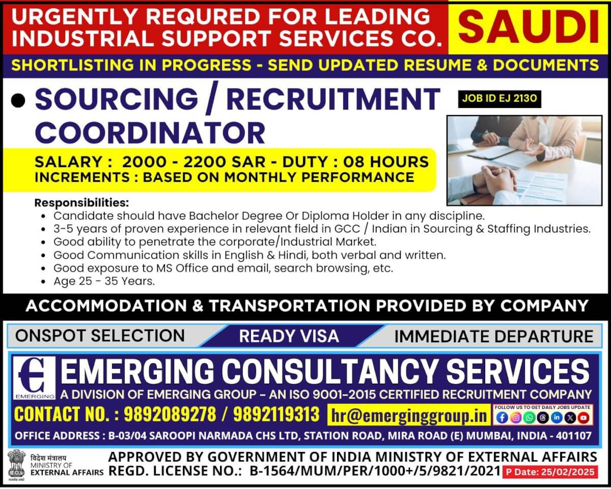 Urgently Required for Leading Industrial Support Services Company in Saudi Arabia - Shortlisting in Progress