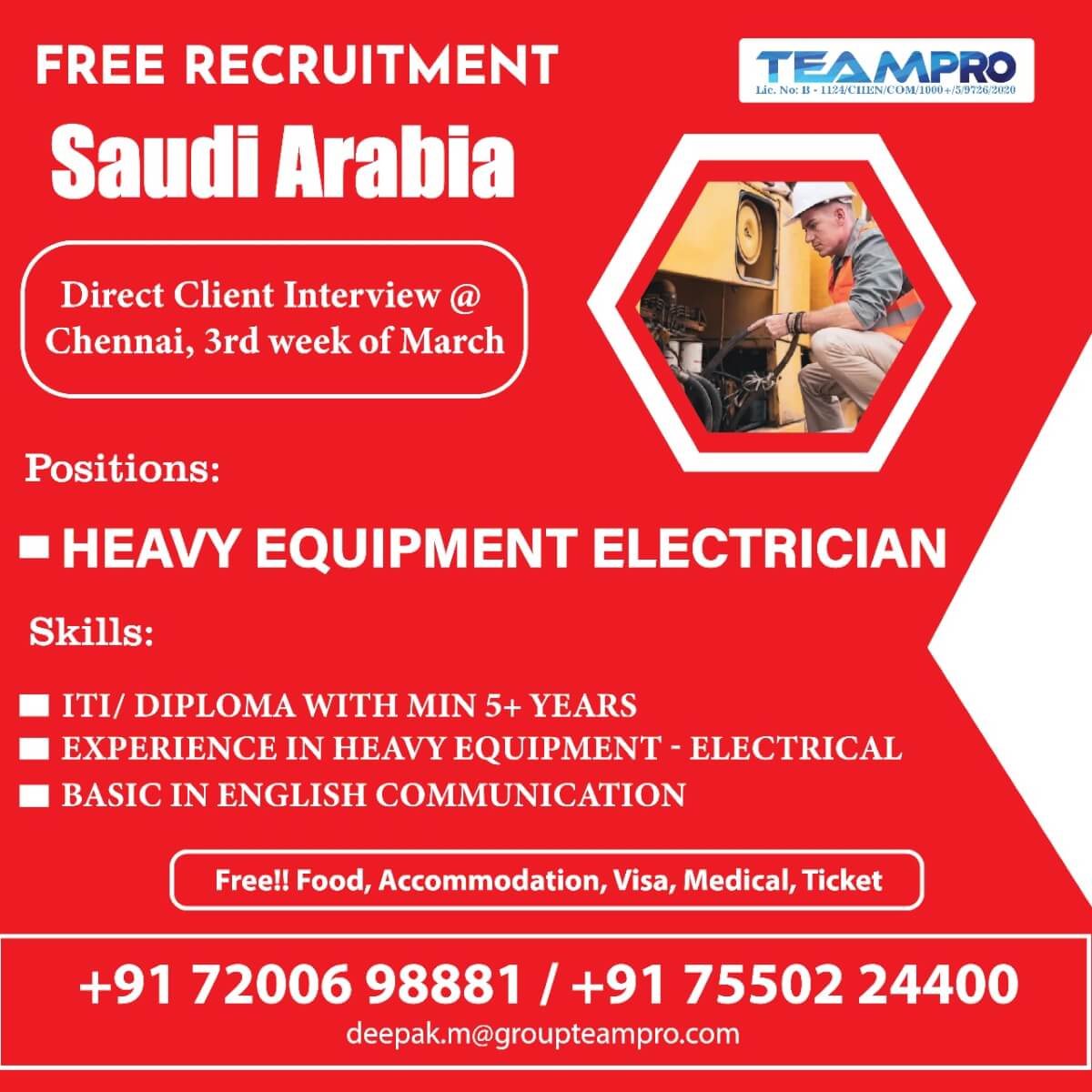 Free recruitment for Saudi Arabia Direct interview @ Chennai