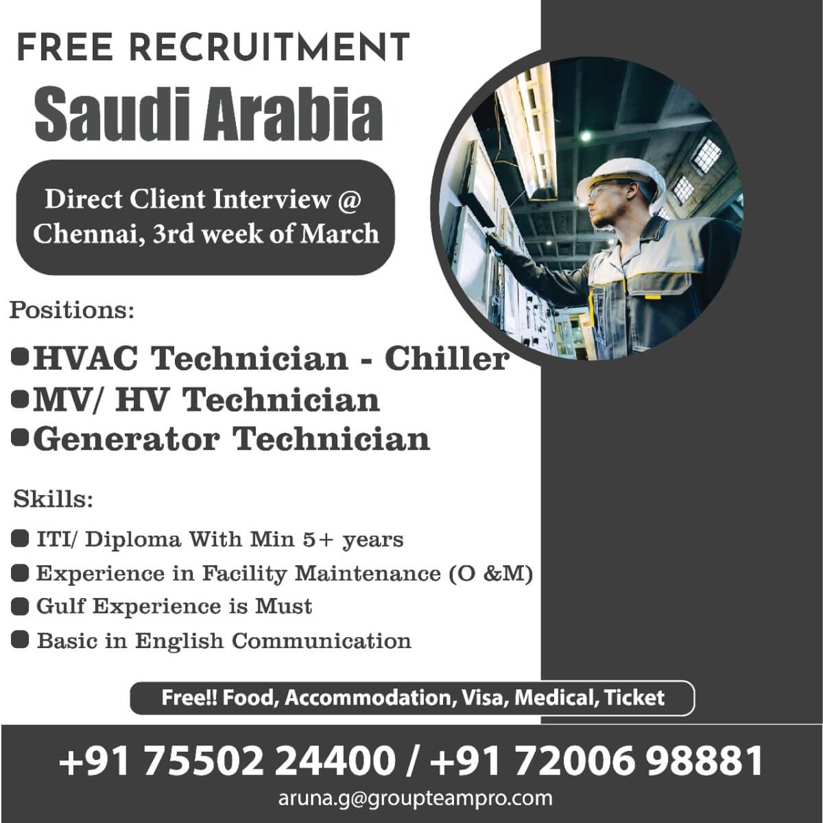 Free recuiment for Saudi Arabia Direct interview @ chennai