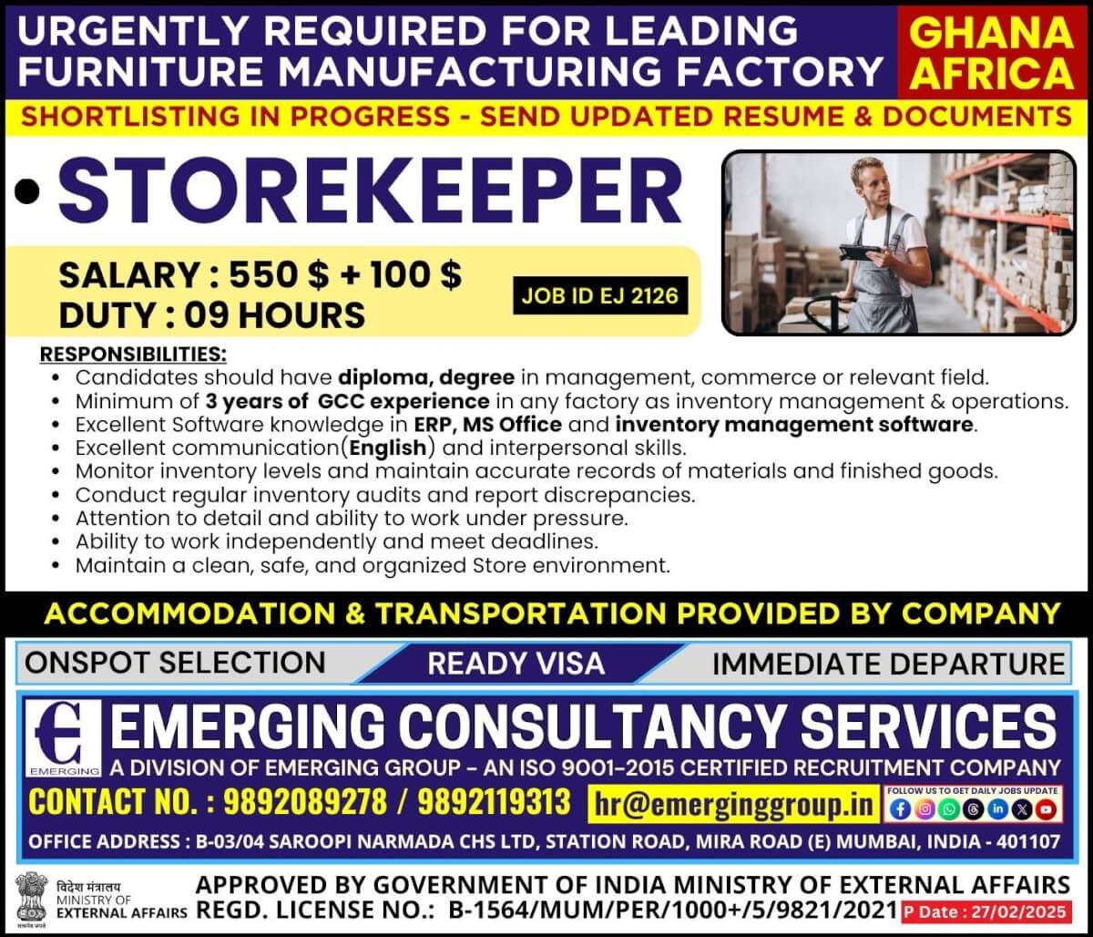 Urgently Required for Leading Furniture Manufacturing Factory in GHANA AFRICA  - Shortlisting in Progress