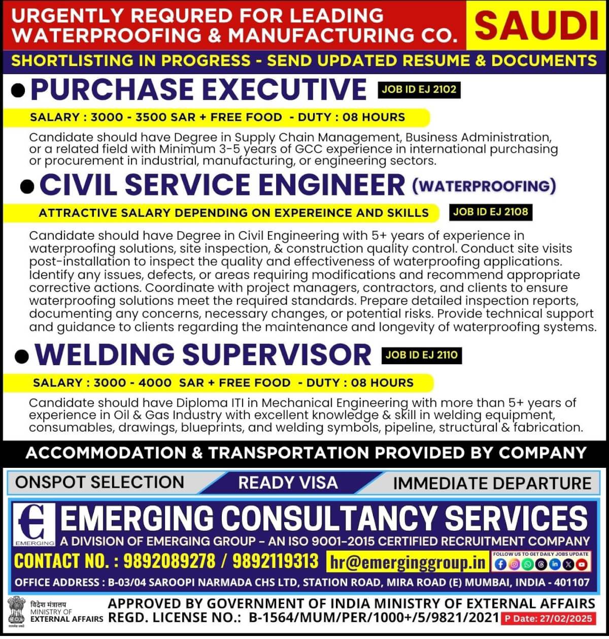 Urgently Required for Leading Waterproofing & Manufacturing Company in Saudi Arabia - Shortlisting in Progress