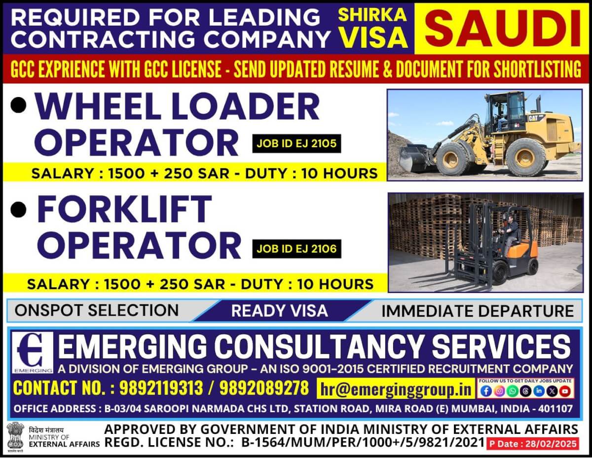 Urgently Required for Leading Contracting Company in Saudi Arabia - SHIRKA VISA