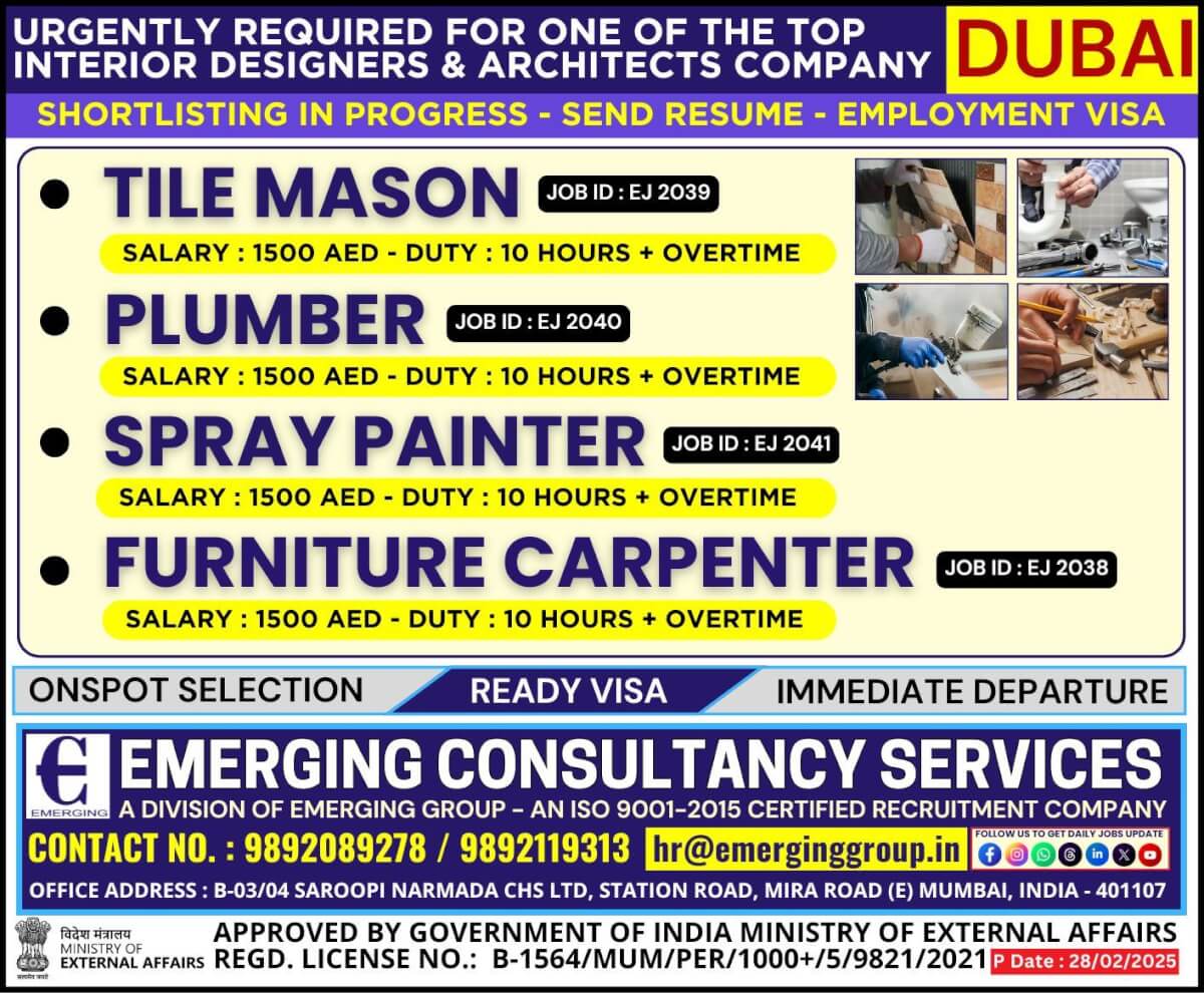 Urgently Required for one of the top interior designers & Architects Company in Dubai - Employment Visa