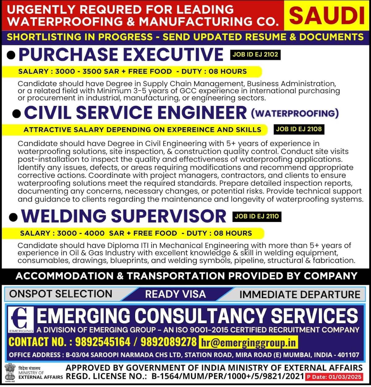 Urgently Required for Leading Waterproofing & Manufacturing Company in Saudi Arabia - Shortlisting in Progress