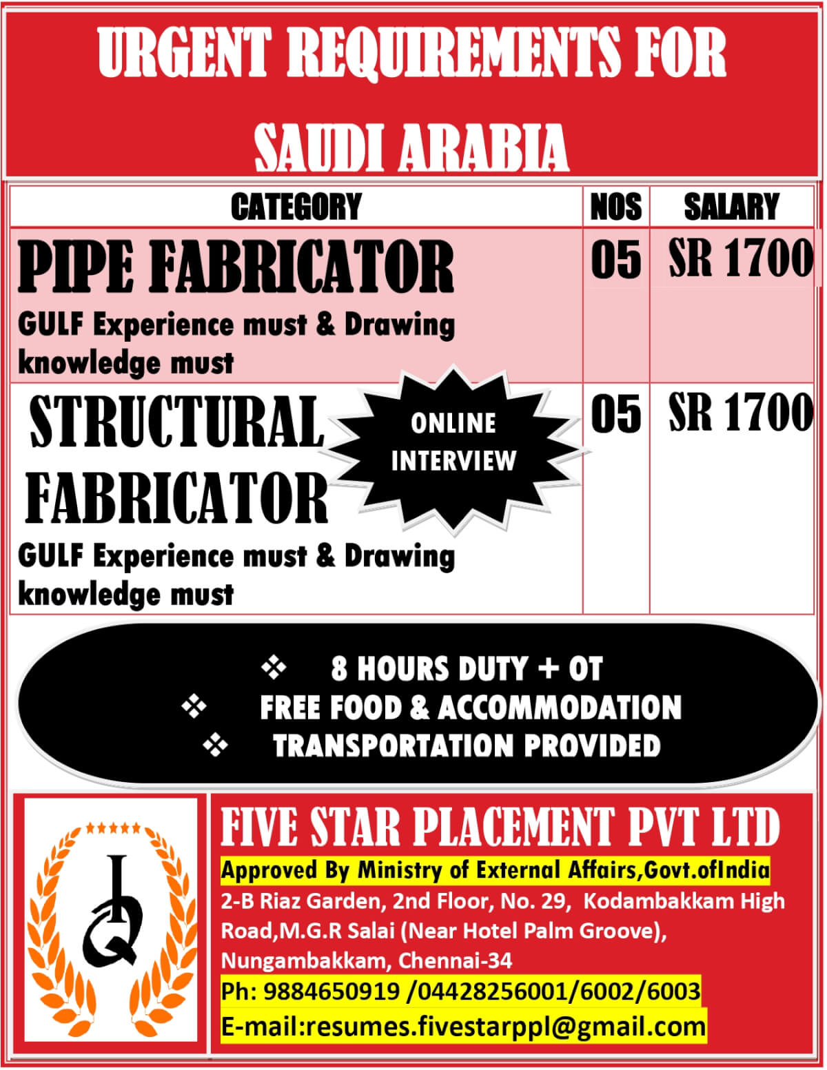 URGENT REQUIREMENT FOR SAUDI ARABIA