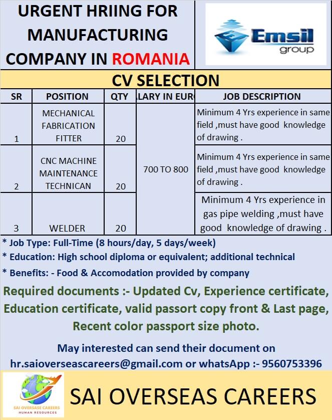 URGENT HIRING FOR MANUFACTURING COMPANY IN ROMANIA