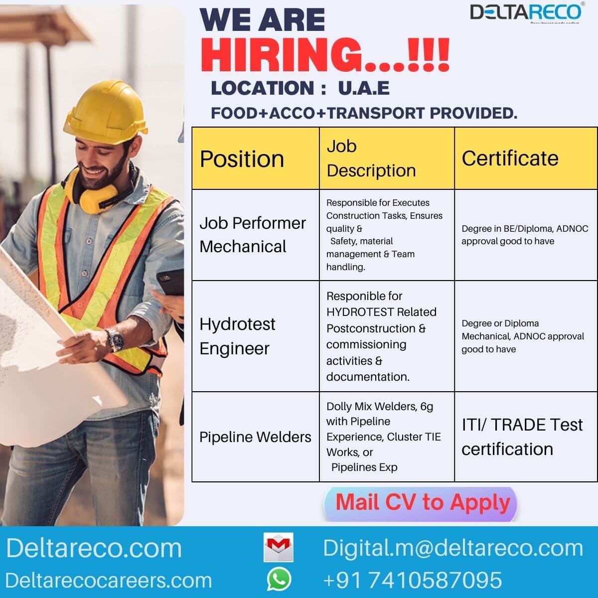 Bulk Hiring For UAE, Mason ,pipe line Welders, helpers 400 Vacancy