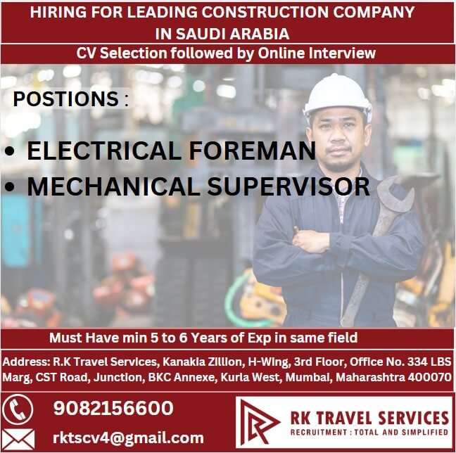 HIRING FOR LEADING CONSTRUCTION COMPANY  IN SAUDI ARABIA