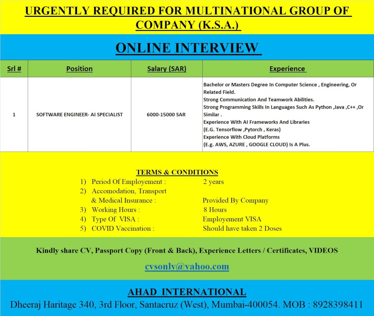 URGENTLY REQUIRED FOR MULTINATIONAL GROUP OF COMPANY K.S.A.