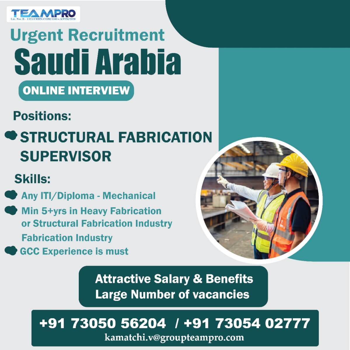 Urgent recruitment for Structural Fabrication Supervisor Saudi Arabia