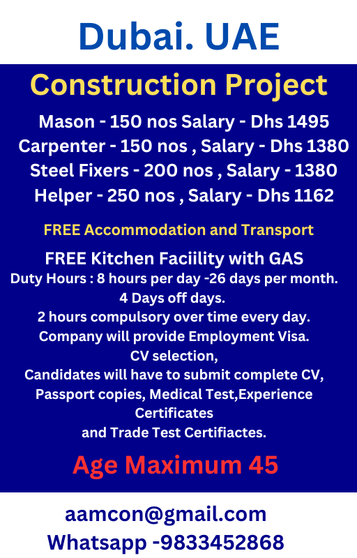 Construction Company in Dubai is looking for recruit the following staff.