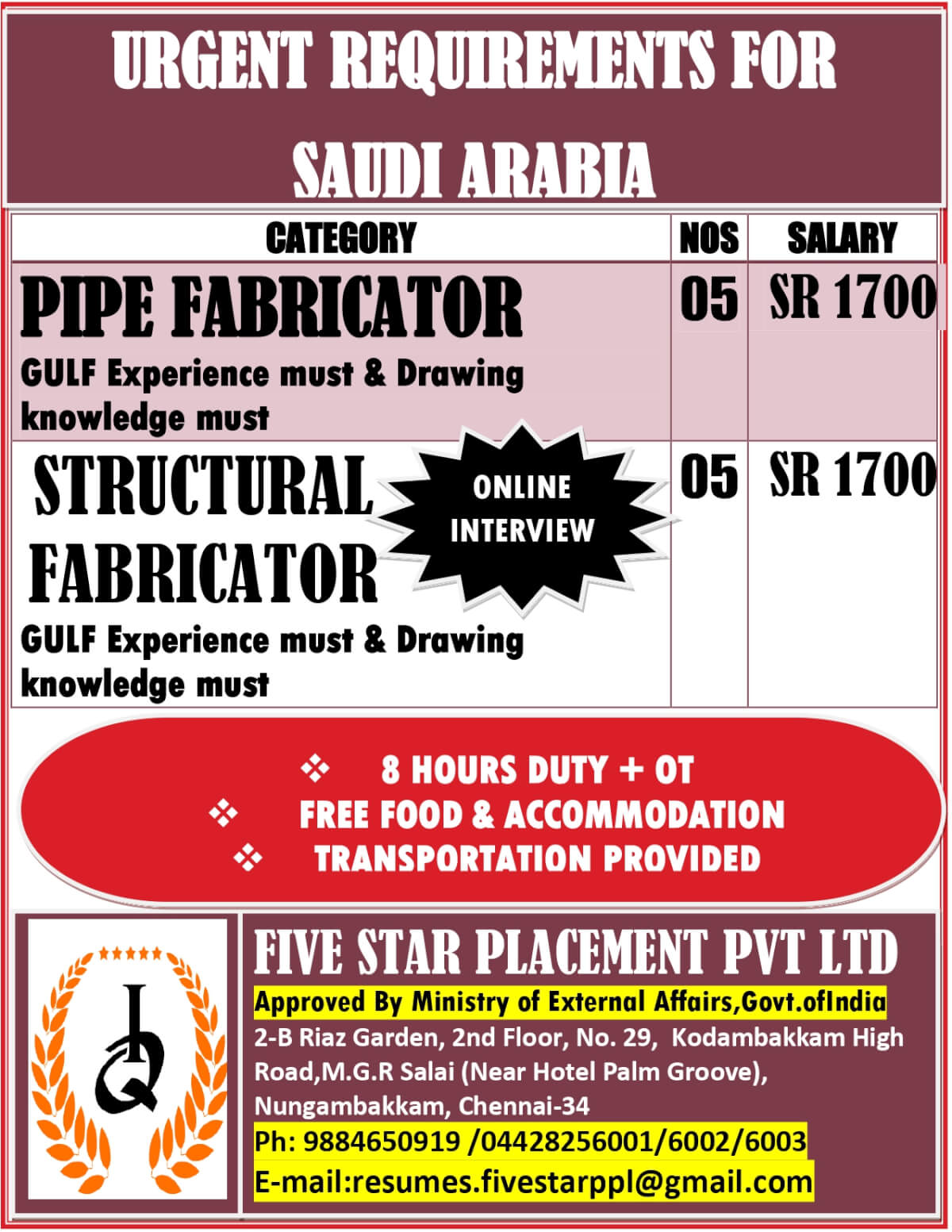 URGENT REQUIREMENT FOR SAUDI ARABIA