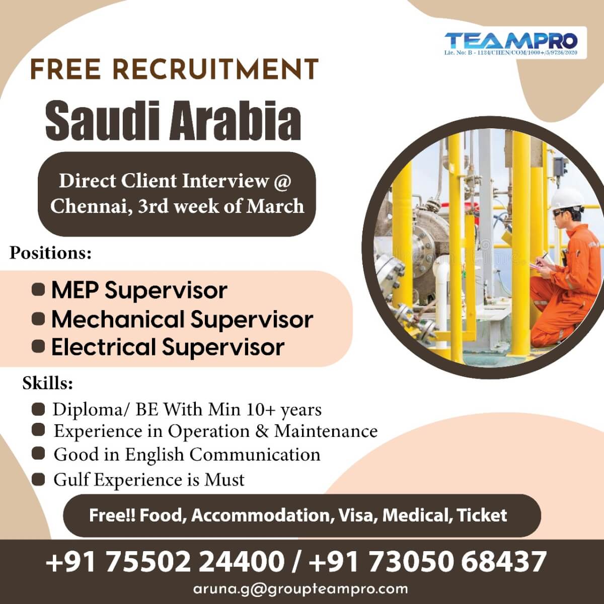 Free recuiment for saudi Arabia Direct Interview @ chennai