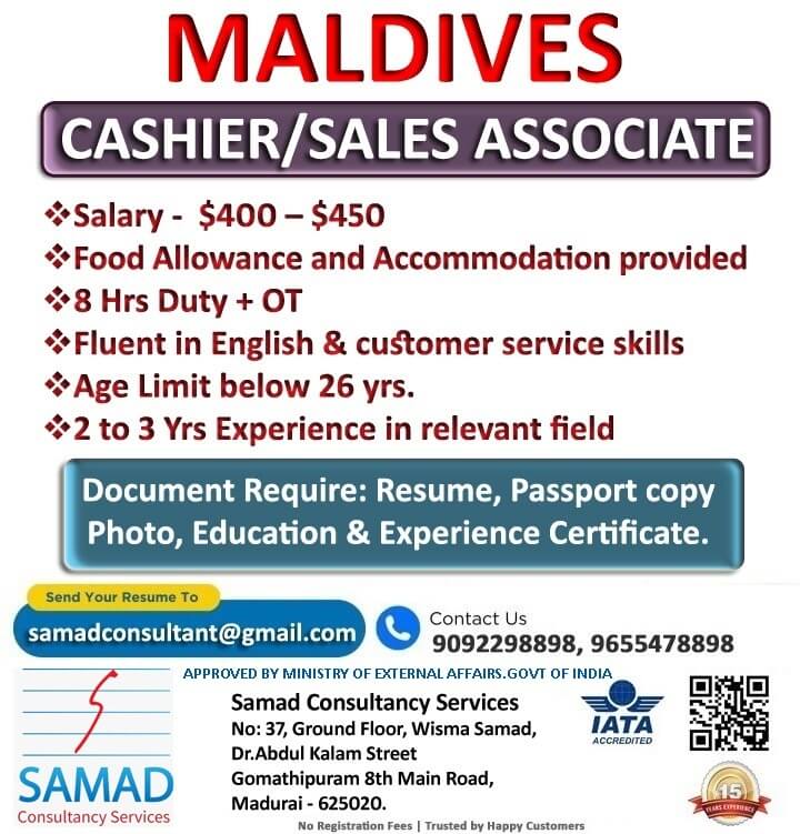 MALDIVES - LEADING HARDWARE SHOWROOM,  CASHIER / SALES ASSOCIATE