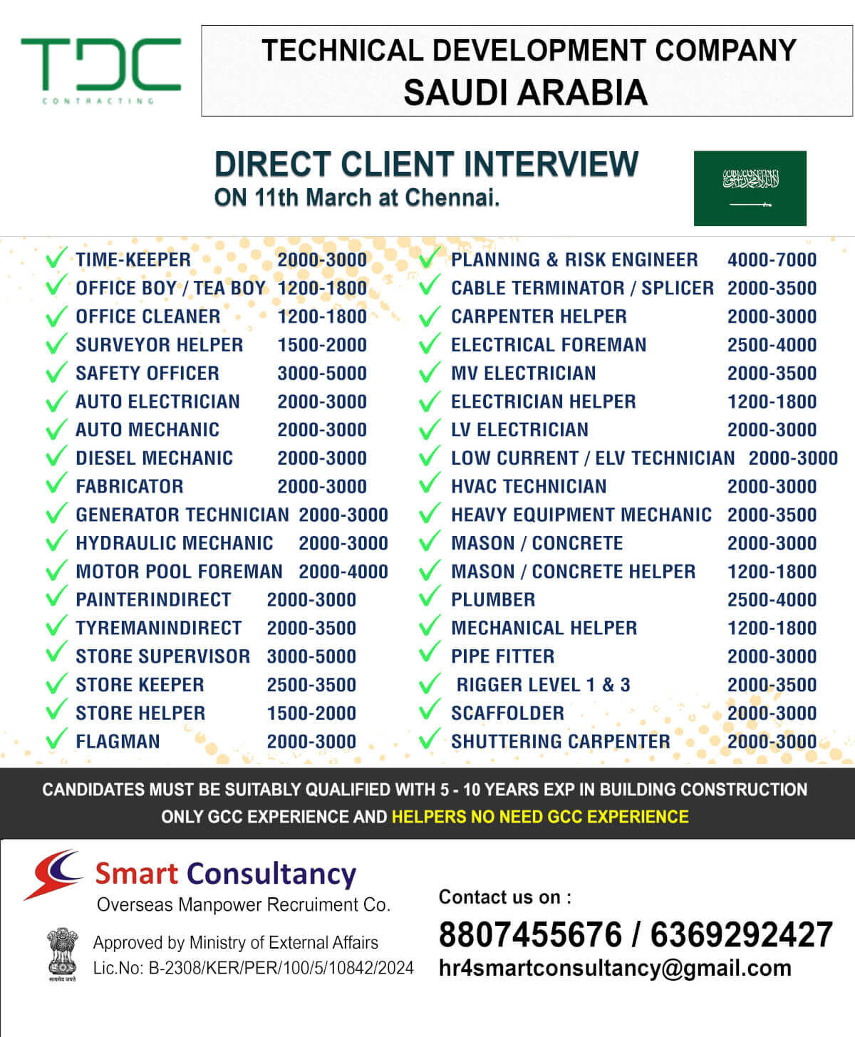 Technical Development Company saudi arabia DIRECT CLIENT INTERVIEWON 11th March at Chennai.