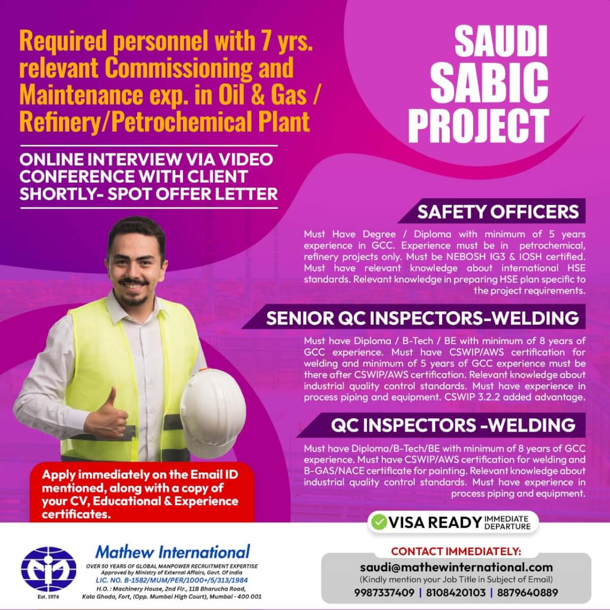 Saudi II - Required personnel for Saudi Aramco with 7 yrs. relevant exp. in Oil & Gas / Refinery / Petrochemical Plan