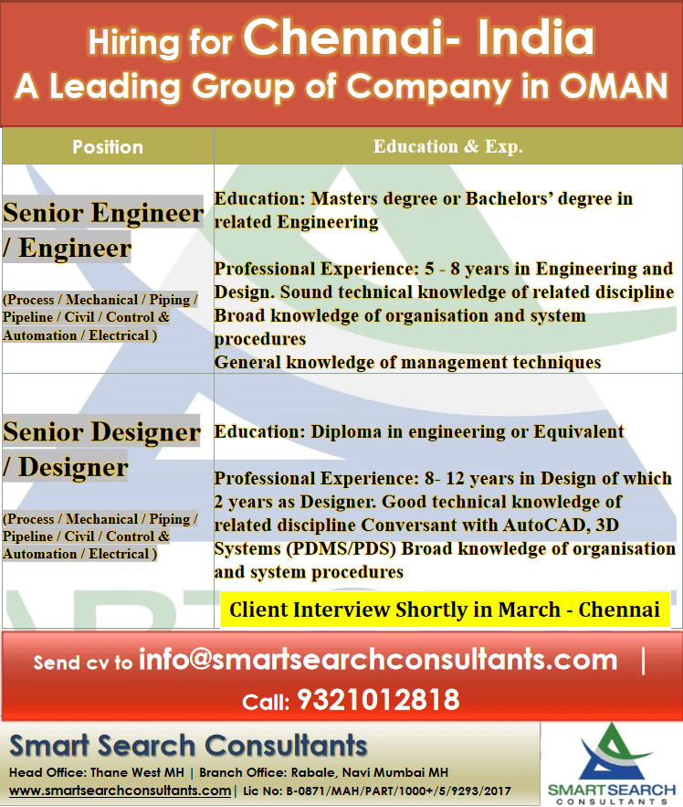 Senior Engineer / Engineer   (Process / Mechanical / Piping / Pipeline / Civil / Control & Automation / Electrical ) / Senior Designer / Designer   (Process / Mechanical / Piping / Pipeline / Civil / Control & Automation / Electrical )