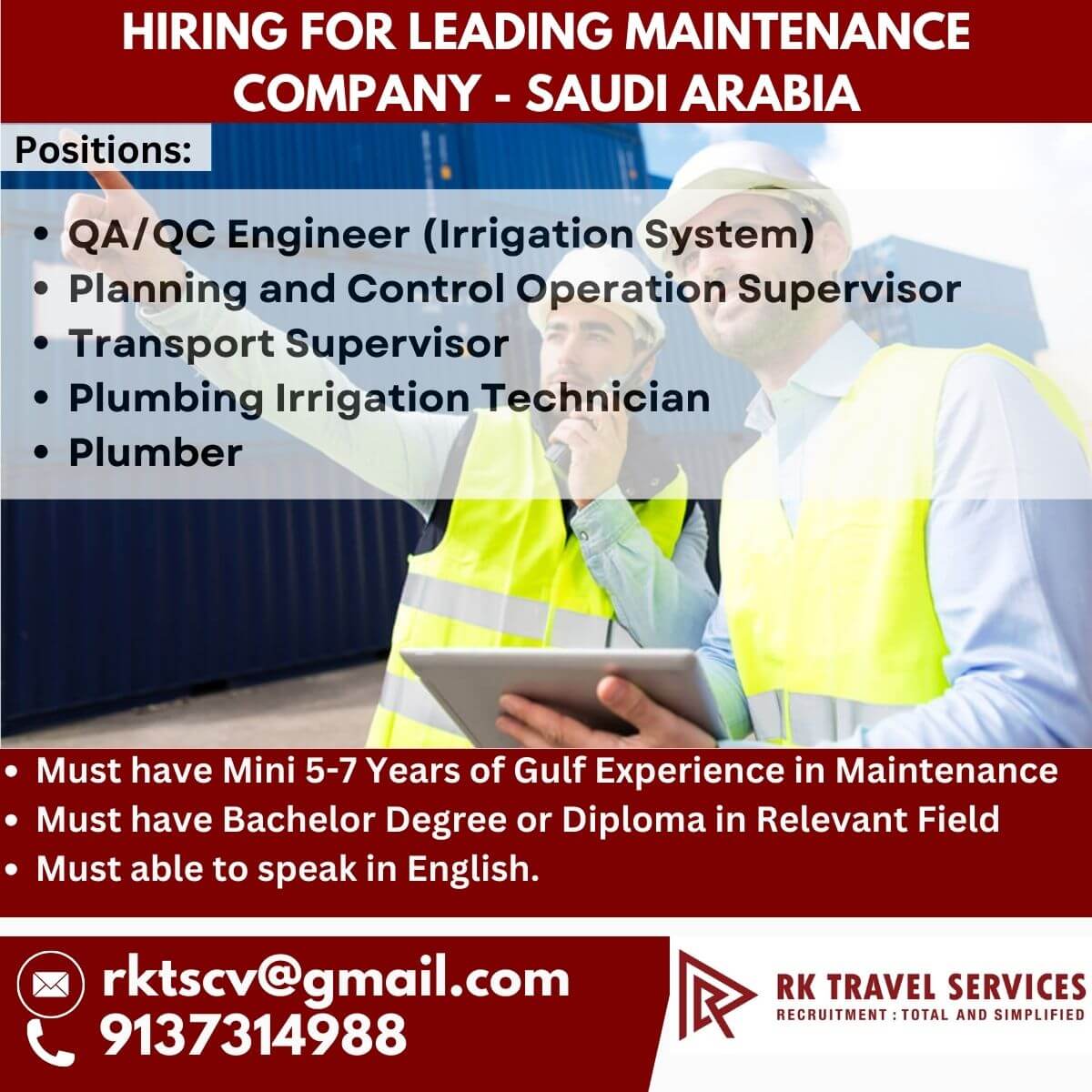 HIRING FOR LEADING MAINTENANCE COMPANY - SAUDI ARABIA